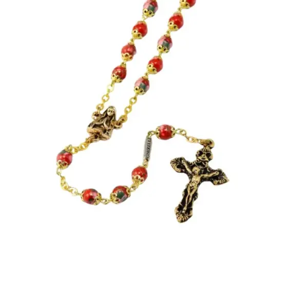 Chapelet coeur Vierge Marie et Apparition de Lourdes en argent doré et perles rouge