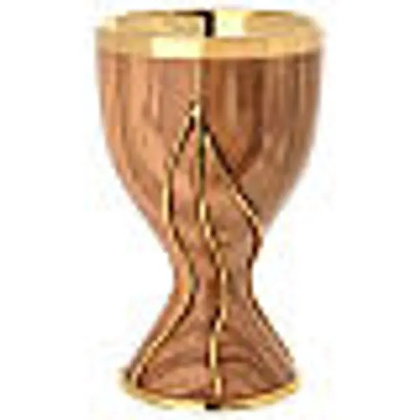 Calice en olivier Vin Versé incrustations métal doré 20 cm