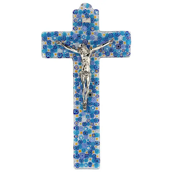 Crucifix en verre de Murano murrine bleues 25x14 cm