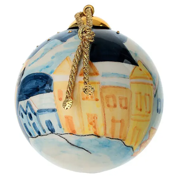 Boule de Noël Dellarte Ceramiche émaillée Befana sur fond bleu 10 cm peinte à la main