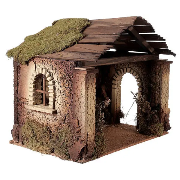 Cabane rustique Nativité 20 cm toit avec poutres 45x50x35 cm
