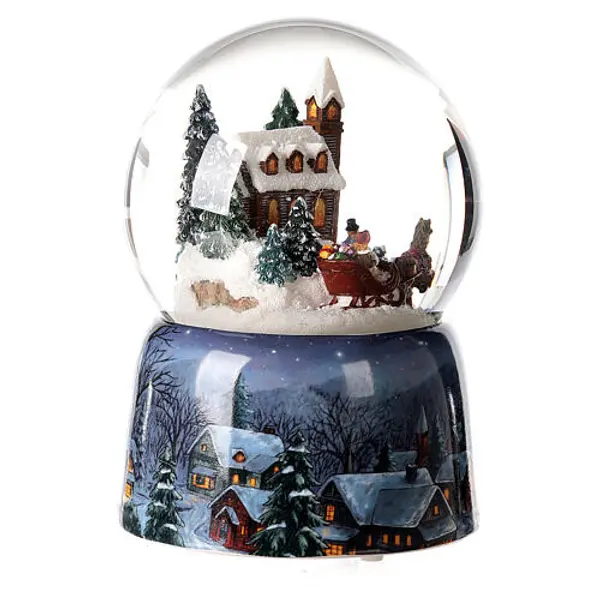 Boule à neige avec boîte à musique église et traîneau de cadeau 15x10x10 cm