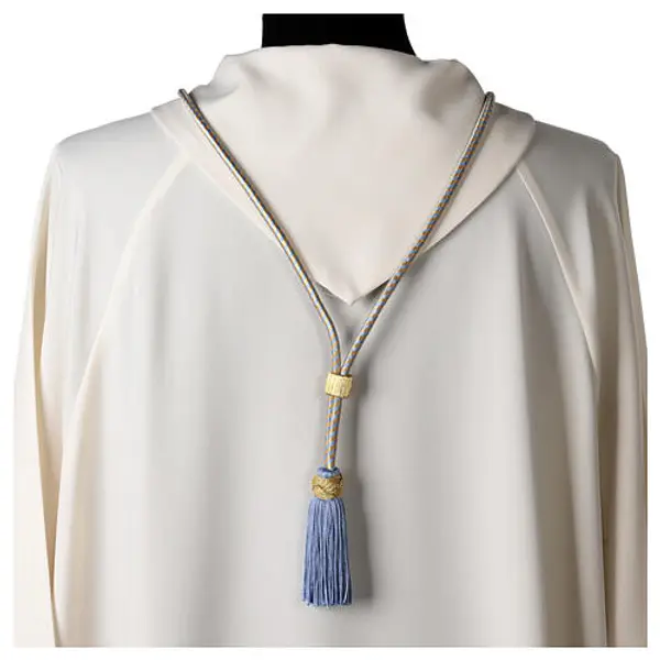 Cordon pour croix pectorale avec noeud de Salomon bleu ciel-or