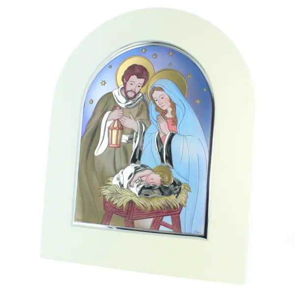 Cadre de la Sainte Famille en bois avec ornement en métal argenté et coloré 25x30cm