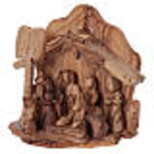 Maisonnette en olivier Bethléem avec crèche complète stylisée 20x20x15 cm