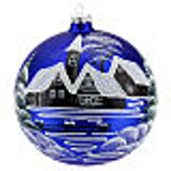 Boule de Noël verre 150 mm village sur fond bleu