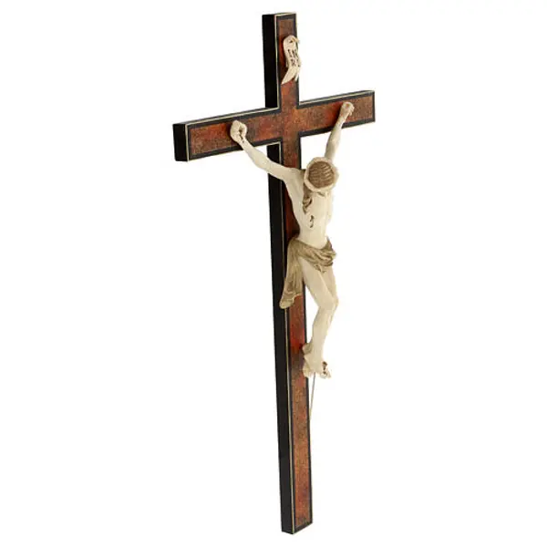Crucifix Walder ancien bois Val Gardena patiné bicolore