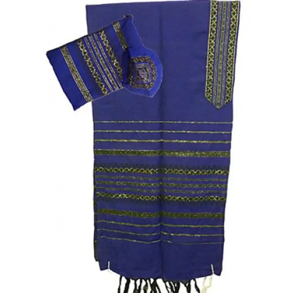Ensemble Talith en laine bleu roi tissé à la main Gabrieli - Rayures noires et dorées
