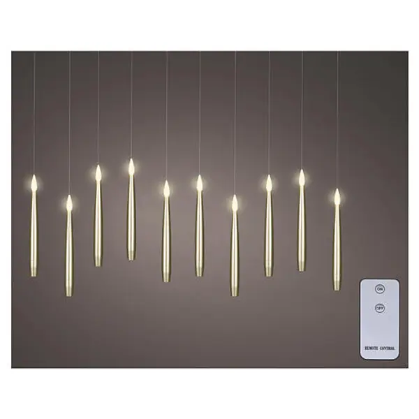 Set de 10 bougies LED suspendues dorées effet flamme télécommande lumière blanc chaud 15x2 cm pour intérieur