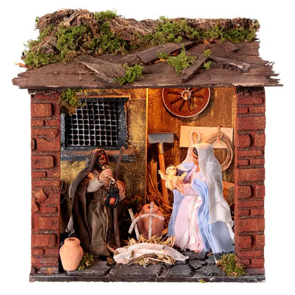 Nativité style XVIIIe mouvement berceau crèche napolitaine 10 cm cabane 20x20x20 cm