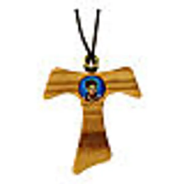 Pendentif croix Tau olivier Carlo Acutis fil marron
