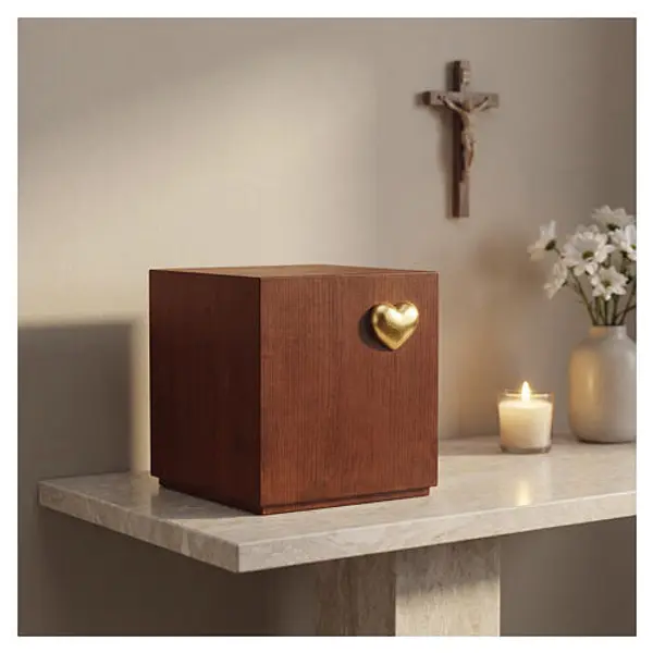 Urne Cubo en bois de tilleul bruni du Val Gardena avec cœur doré