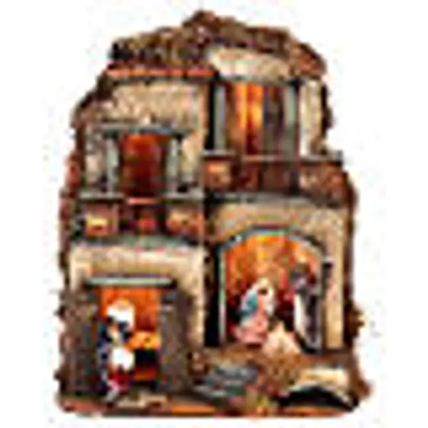 Maison à deux étages avec Nativité et boulangerie 25x25x30 cm crèche napolitaine 8 cm