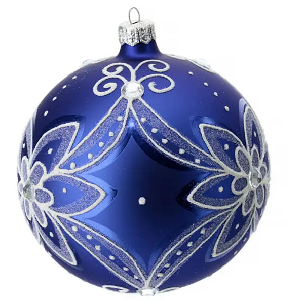 Boule de Noël bleue fleur blanche 120 mm verre soufflé