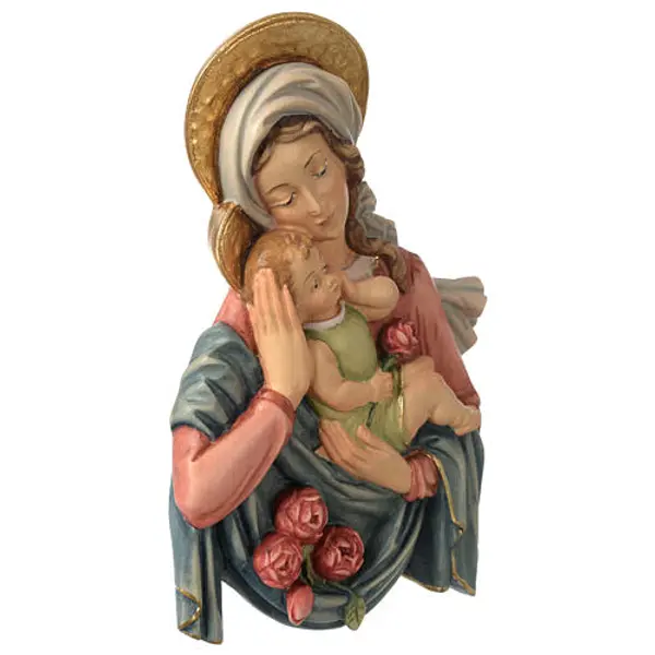 Relief Vierge à l'enfant avec roses bois peint
