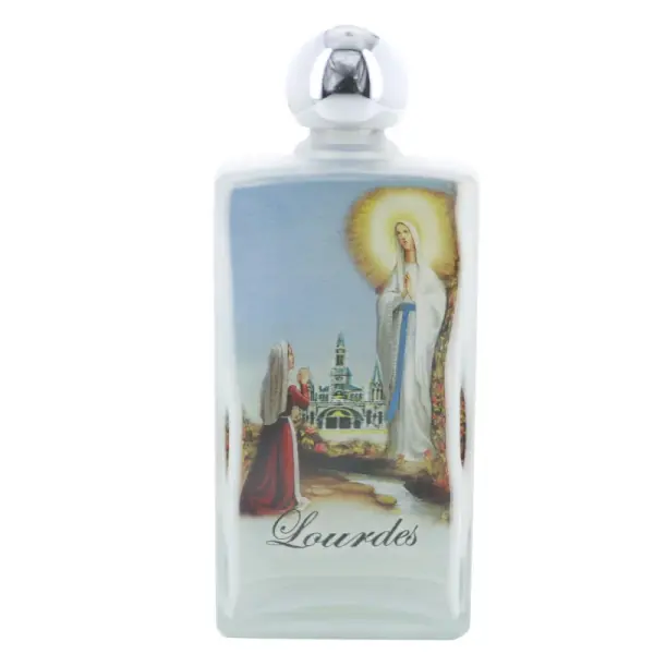A coloured glass bottle containing 90 ml of Lourdes water