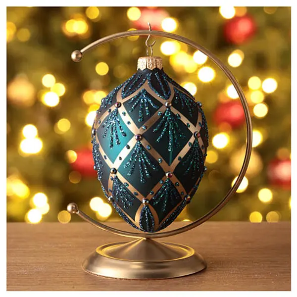 Boule de Noël ovale verte losanges or verre soufflé 100 mm