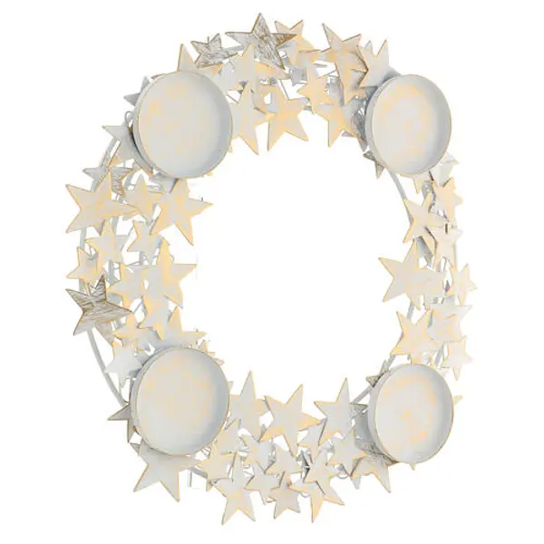 Couronne de l'Avent métal blanc et or étoiles et bougeoirs max 7,5 cm