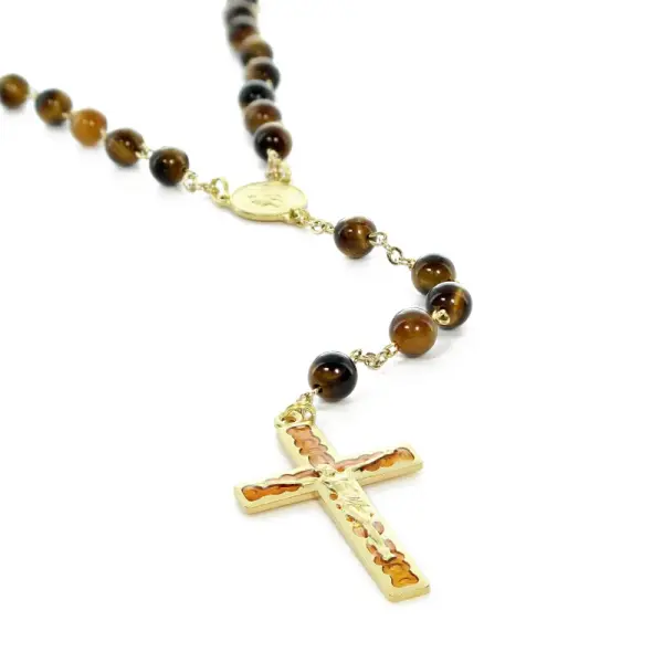 Chapelet doré en pierres Oeil de Tigre 6mm avec croix émaillée