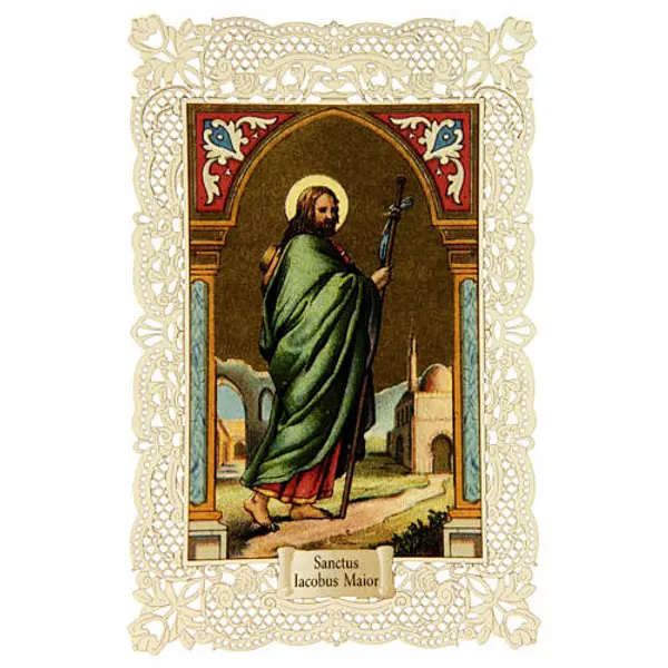 Image pieuse de Saint Jacques le Majeur décorée de dentelle 11x7 cm