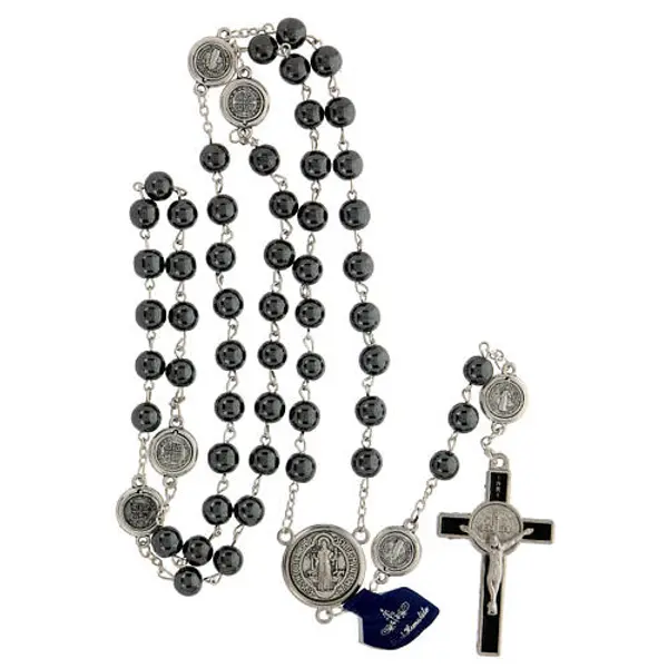 Chapelet Saint Benoît grains hématite 8 mm