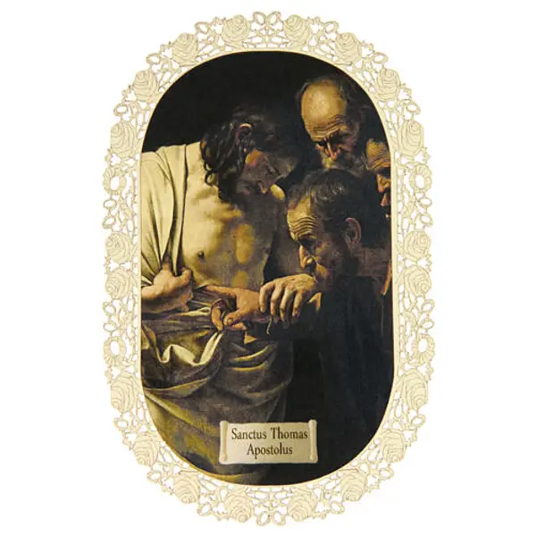 Image pieuse de Saint Thomas Apôtre décorée en dentelle 11x7 cm