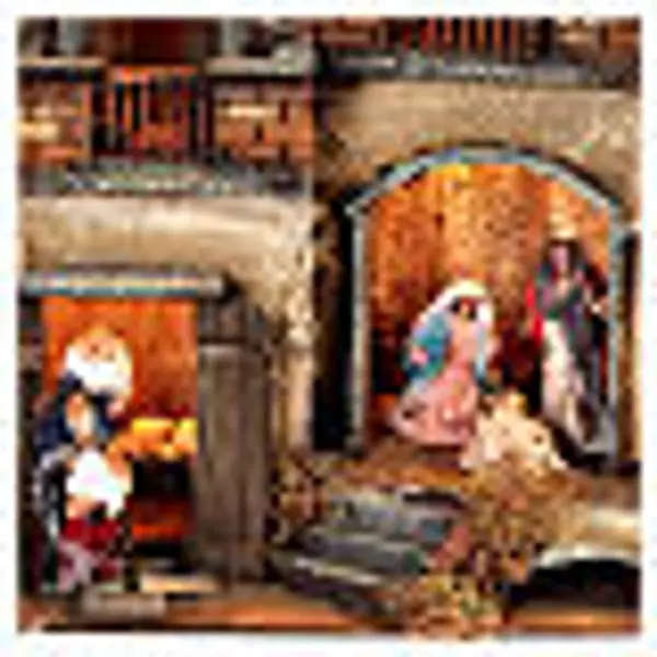 Maison à deux étages avec Nativité et boulangerie 25x25x30 cm crèche napolitaine 8 cm