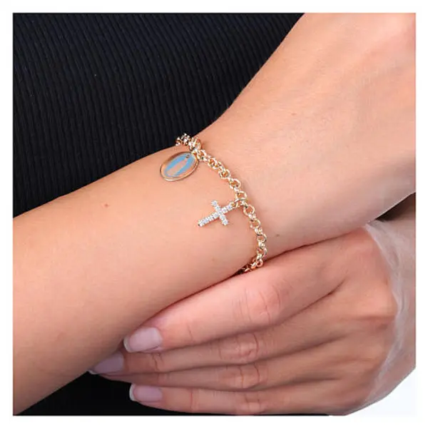 Bracelet en laiton doré Notre-Dame de Fatima avec zircons blancs Amen