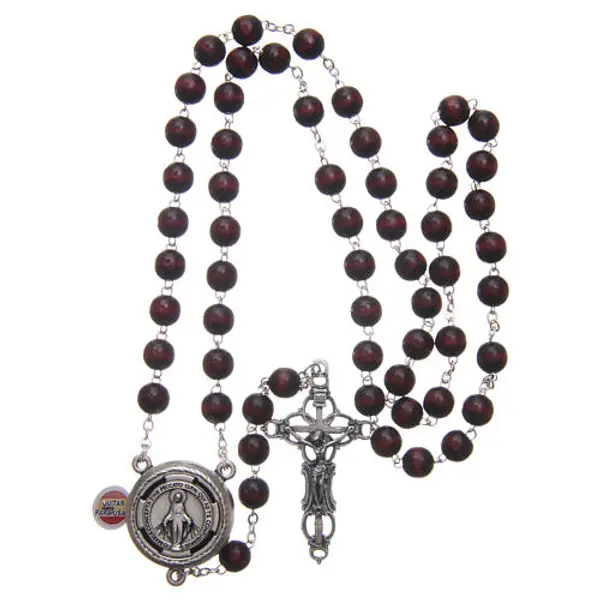 Chapelet bois bordeaux médaille parlante prière Pape François ESP 8 mm