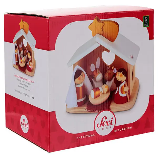 Crèche Nativité bœuf et âne 7 pcs Sevi bois peint 6 cm