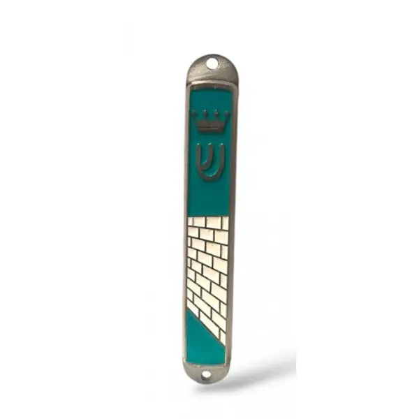 Petit coffret à mezouza en métal, motif Mur occidental et couronne - Émail bleu-vert