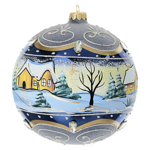 Boule bleue paysage peint verre soufflé 150 mm