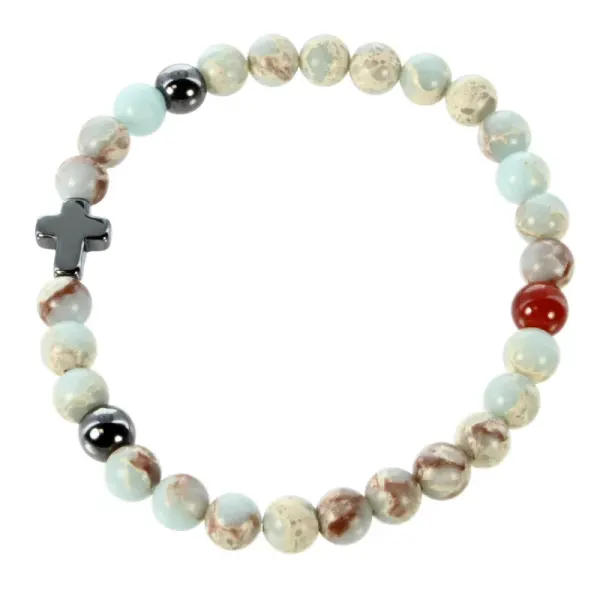 Bracelet en pierre naturelle bleutée et croix en hématite