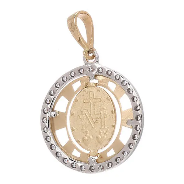 Pendentif Médaille Miraculeuse rond or 18K bicolore zircons 2,3 gr