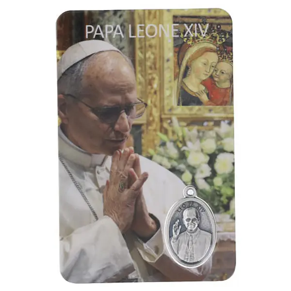 Image pieuse plastifiée Pape Léon XIV en prière avec médaille en métal 10x5 cm