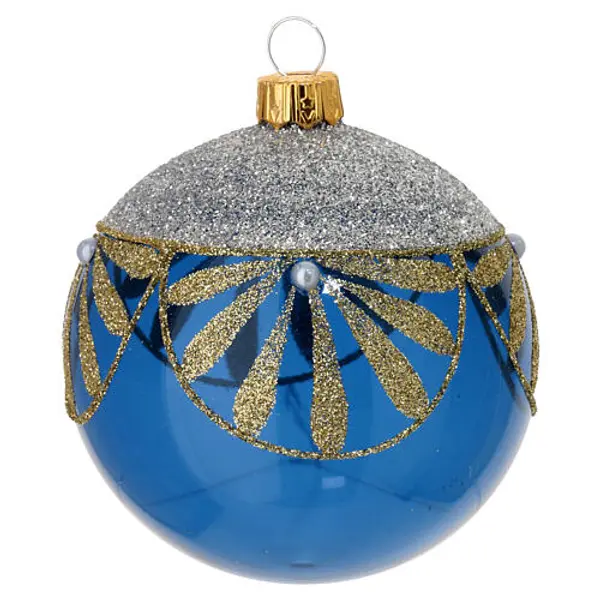 Boules Noël set 6 pcs verre soufflé bleu décorations florales paillettes or et argent 80 mm
