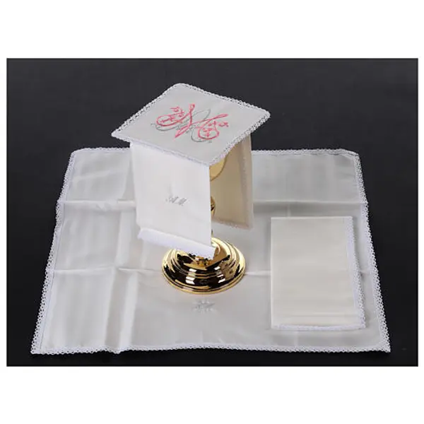 Linges d'autel marial rose et argent 4 pcs soie coton viscose