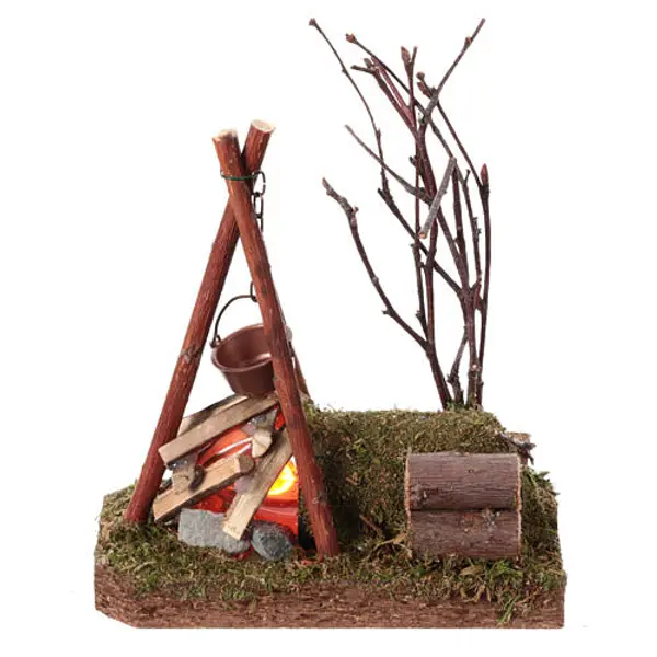 Feu tremblotant 230V bois et casserole 10x5x10 cm pour crèche 8-10 cm
