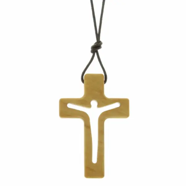 Religious necklace with an olive wood openwork cross
