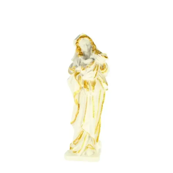 Statue de la Vierge à l'Enfant en résine blanche et pailletée 19cm
