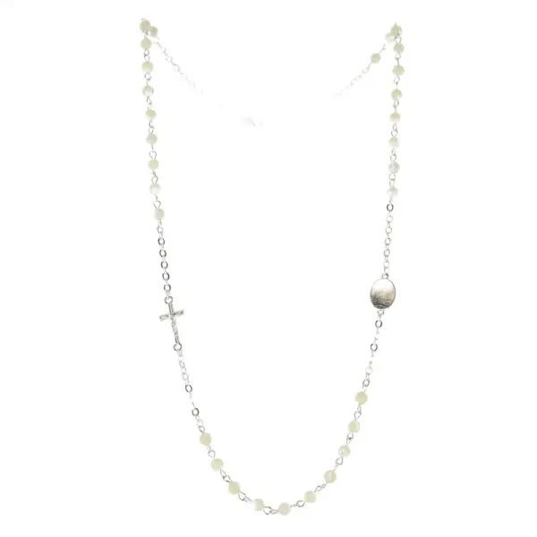 Necklace 3 tens with mother of pearl beads, a cross and an apparition medal
