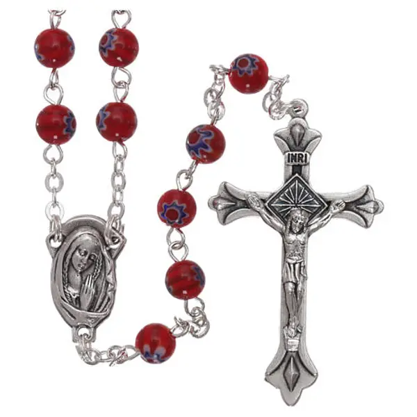Chapelet en verre style murrina rouge avec motif floral et rayures 6 mm