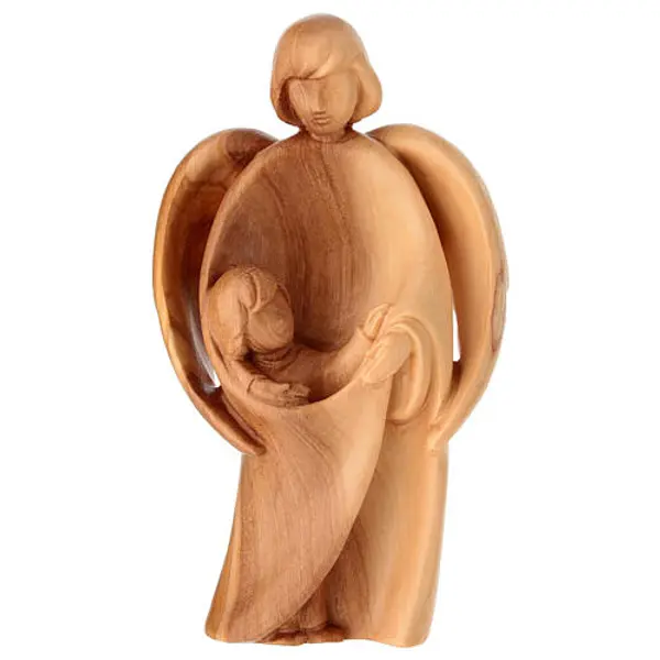 Statue en bois d'olivier Ange Gardien avec Enfant Val Gardena