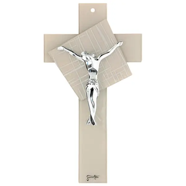 Crucifix moderne Clair de Lune verre de Murano taupe 25x15 cm