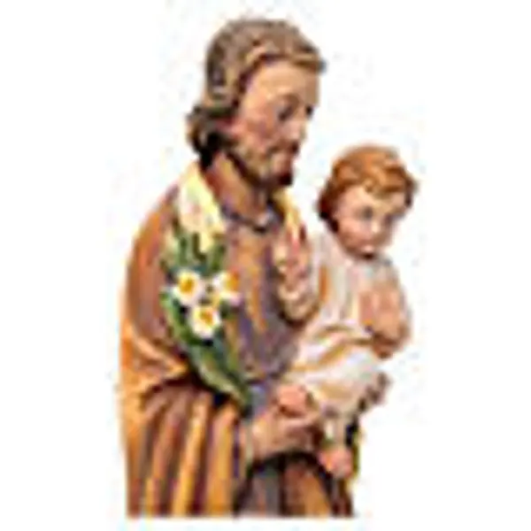 Statue St Joseph et Enfant Jésus bois peint fleurs blancs rouges
