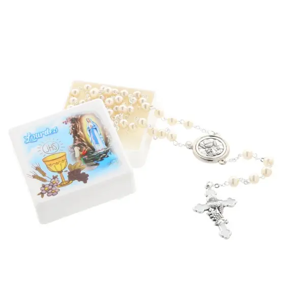 Communion rosary with pearly beads in a box