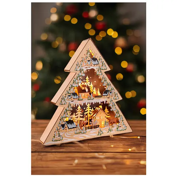 Village de Noël arbre en bois illuminé LED 45x45x7 cm à piles