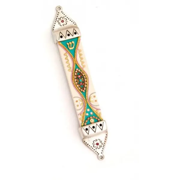 Mezouza en étain turquoise et blanc par Ester Shahaf