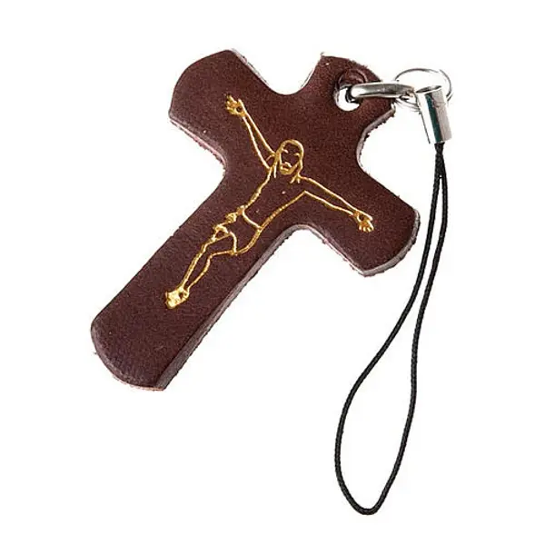Pendentif croix en cuir Medjugorje pour téléphone