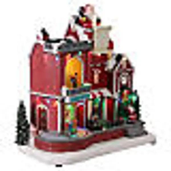 Maison rouge du Père Noël animée par des LEDs et musique 30x20x35 cm